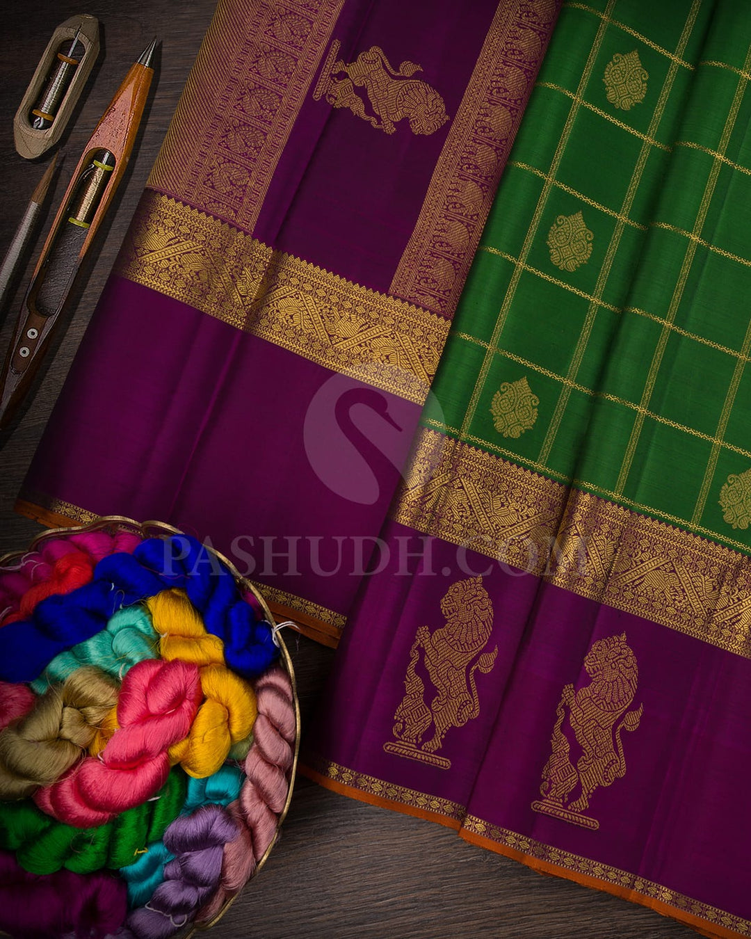 Emerald Green and Deep Magenta Pure Kanjivaram  Silk Saree-SP141