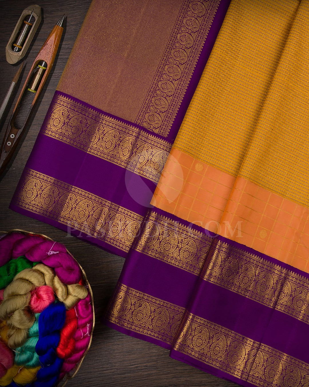 Marigold With Royal Violet Kanjivaram Silk Saree-S1500(A)