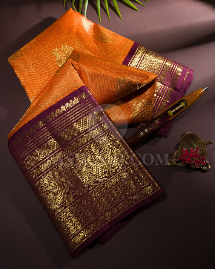 Sunset Orange With Maroon  Kanjivaram Silk Saree-SP154