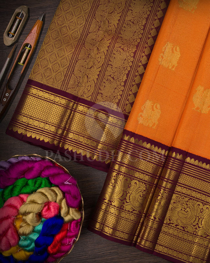 Sunset Orange With Maroon  Kanjivaram Silk Saree-SP154