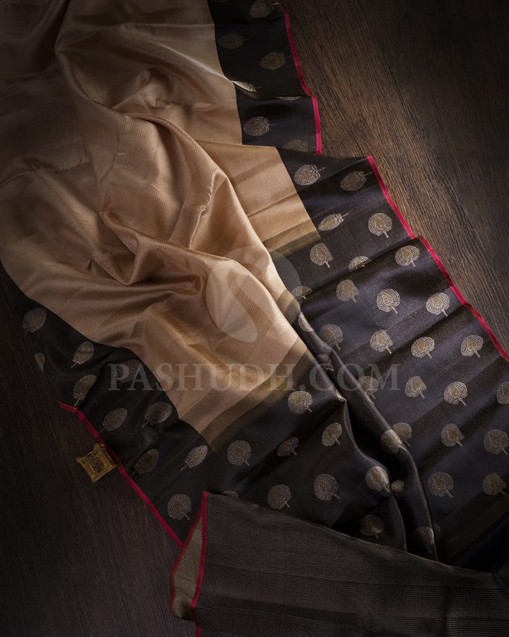 Beige And Charcoal Grey Pastel Kanjivaram Silk Saree-DJ371(B)