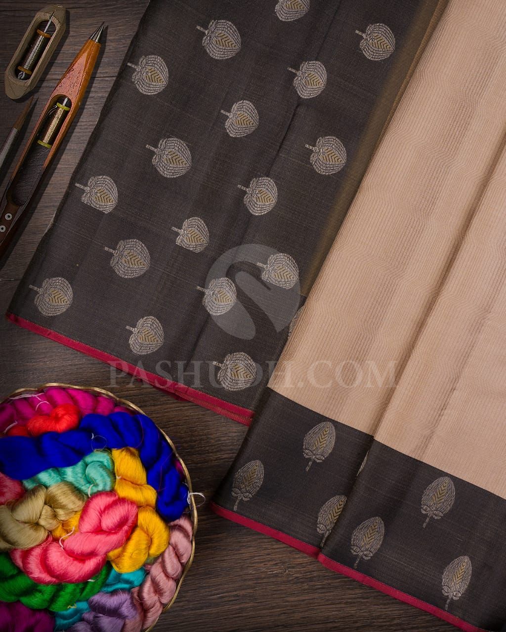 Beige And Charcoal Grey Pastel Kanjivaram Silk Saree-DJ371(B)