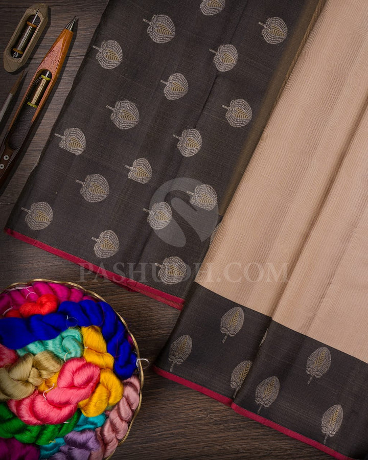 Beige And Charcoal Grey Pastel Kanjivaram Silk Saree-DJ371(B)