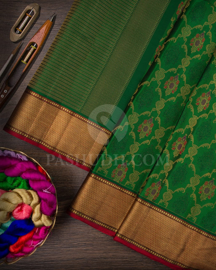 Forest Green With Rust Red Kanjivaram Silk Saree-DJ372(C)