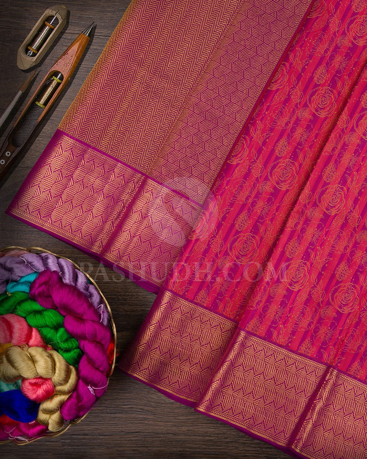 Violet And Orange Shot Pink Kanjivaram Silk Saree-D644(A)