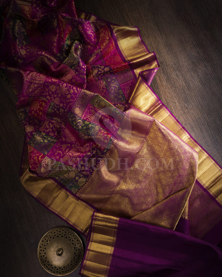 Multihue Uneven Checks Bridal Pure Zari Kanjivaram Silk Saree-P196(A)