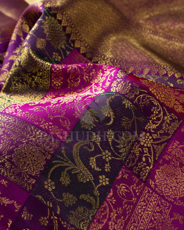 Multihue Uneven Checks Bridal Pure Zari Kanjivaram Silk Saree-P196(A)