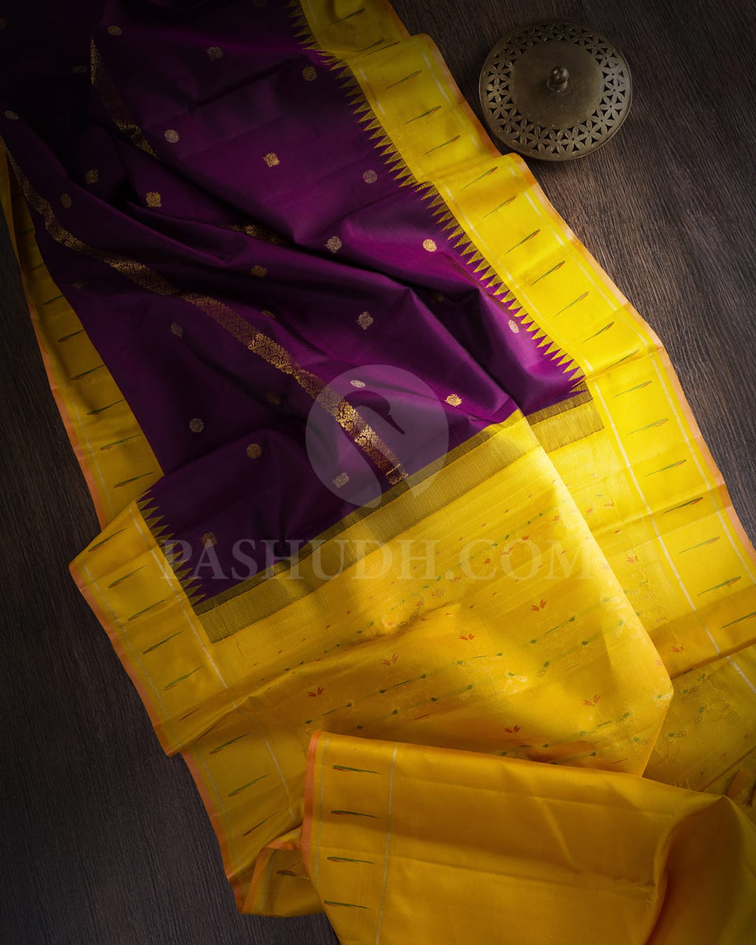 Purple And Bright Yellow Kanjivaram Silk Saree-S1414(B)