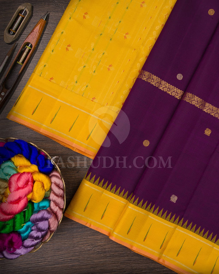 Purple And Bright Yellow Kanjivaram Silk Saree-S1414(B)