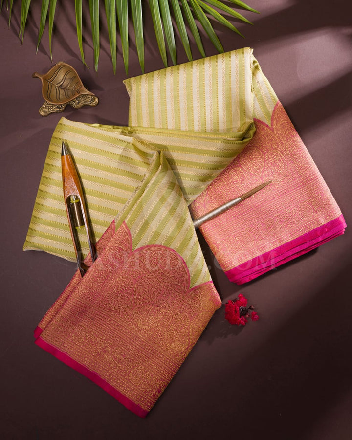 Green, Half White And Mild Pink Kanjivaram Silk Saree-S1517(A)