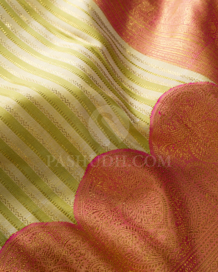 Green, Half White And Mild Pink Kanjivaram Silk Saree-S1517(A)