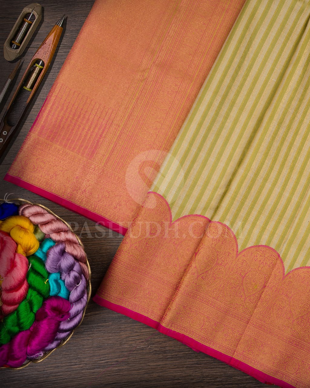 Green, Half White And Mild Pink Kanjivaram Silk Saree-S1517(A)