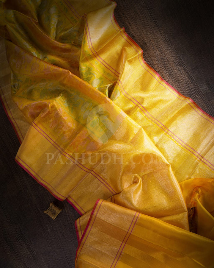 Mango Yellow, Green,Orange Tissue Kanjivaram Silk Saree-D645(A)