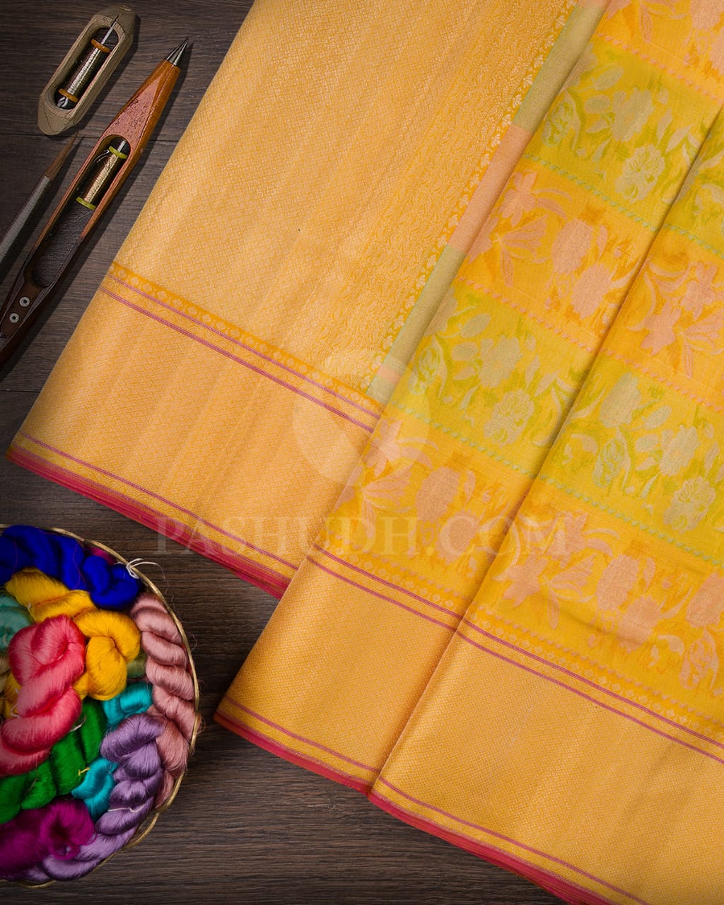 Mango Yellow, Green,Orange Tissue Kanjivaram Silk Saree-D645(A)