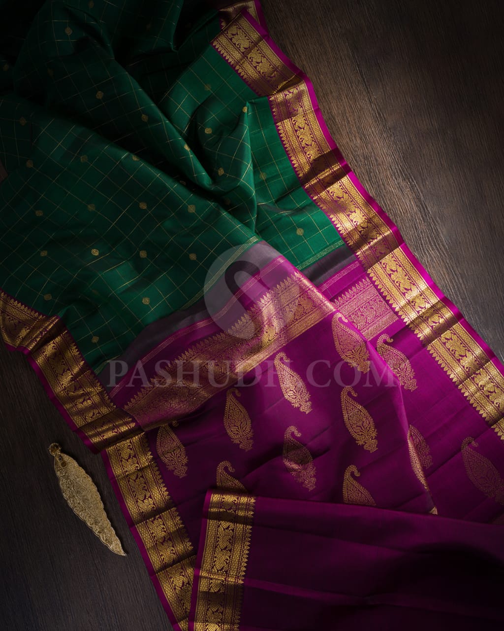 Emerald Green And Magenta Kanjivaram Silk Saree-S1540(A)