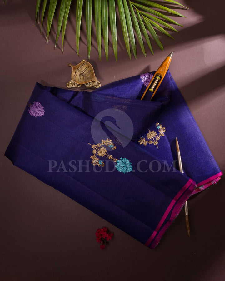 Navy Blue And Sky Blue Kora Organza Kanjivaram Silk Saree-S1512(A)