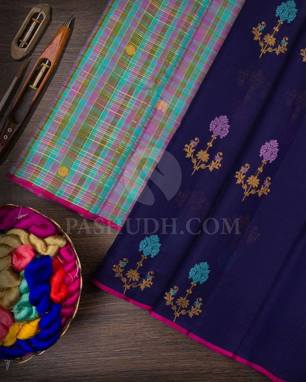 Navy Blue And Sky Blue Kora Organza Kanjivaram Silk Saree-S1512(A)