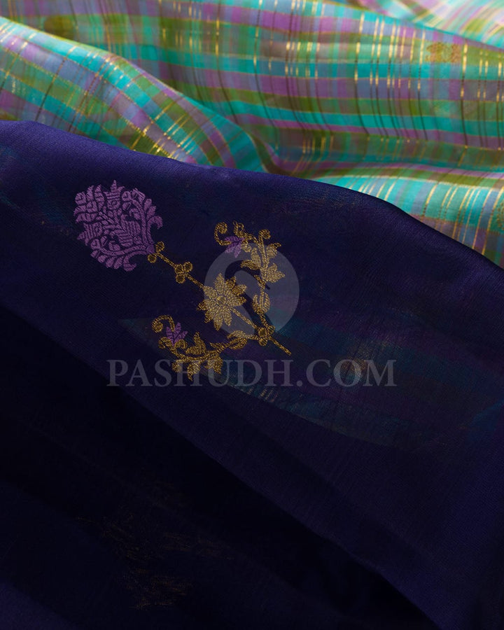 Navy Blue And Sky Blue Kora Organza Kanjivaram Silk Saree-S1512(A)
