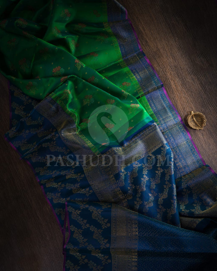 Emerald Green And Cobalt Blue Kanjivaram Silk Saree-DJ390(A)