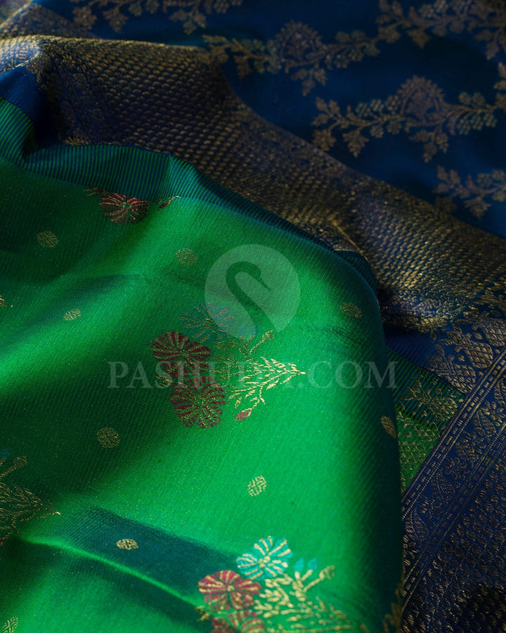 Emerald Green And Cobalt Blue Kanjivaram Silk Saree-DJ390(A)