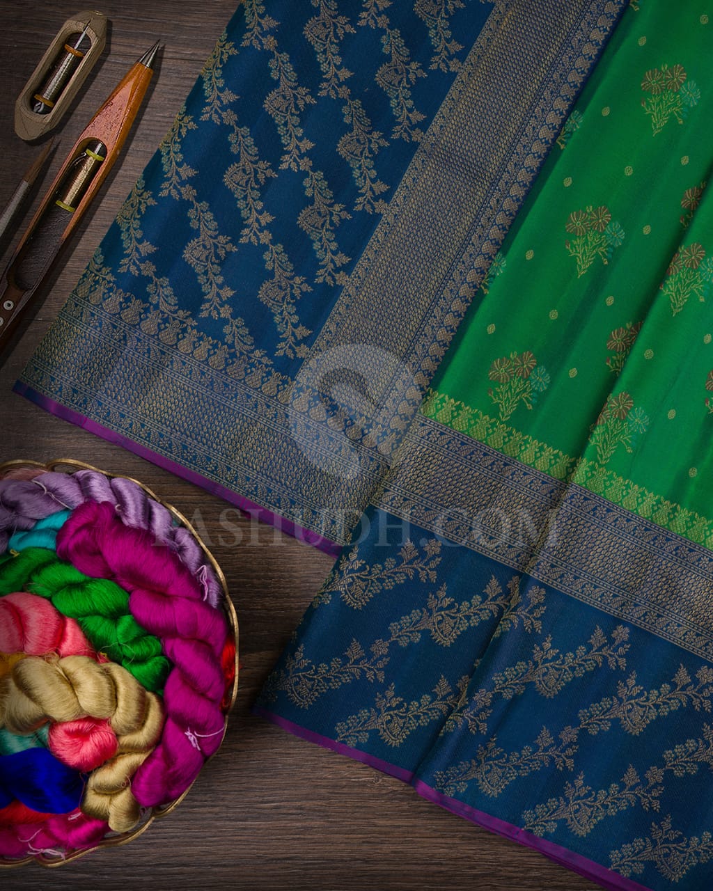 Emerald Green And Cobalt Blue Kanjivaram Silk Saree-DJ390(A)