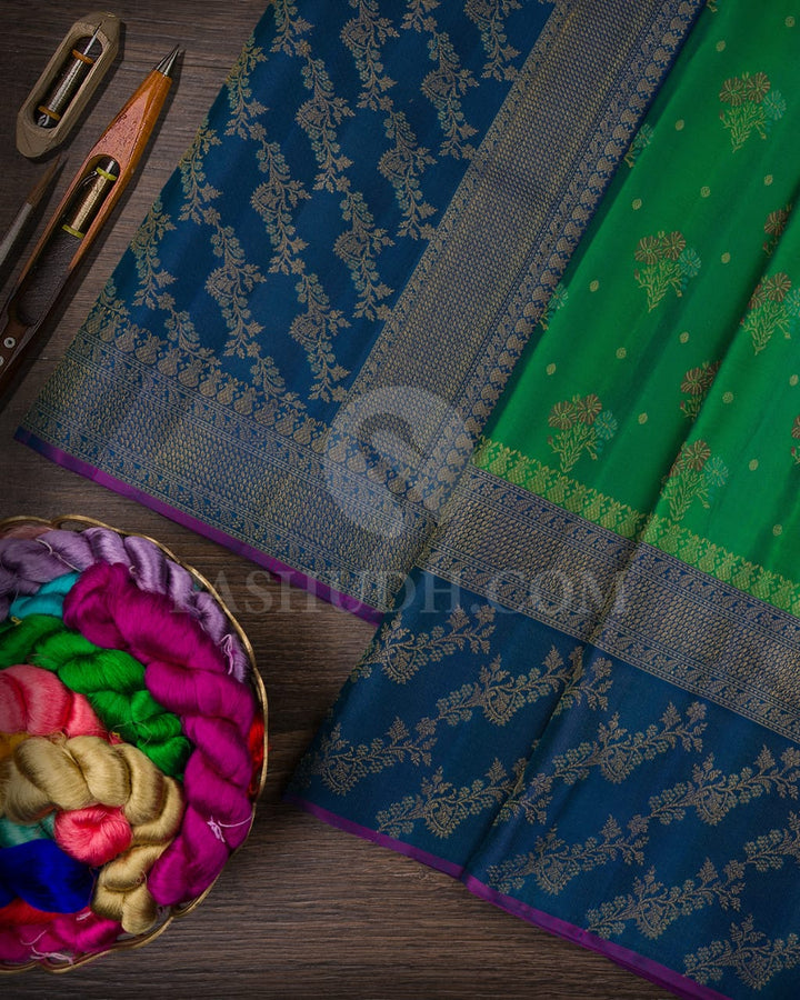 Emerald Green And Cobalt Blue Kanjivaram Silk Saree-DJ390(A)