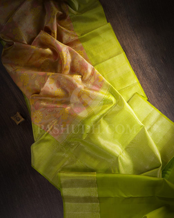 Yellow Shot Beige With Parrot Green Tissue Kanjivaram Silk Saree-D648(A)
