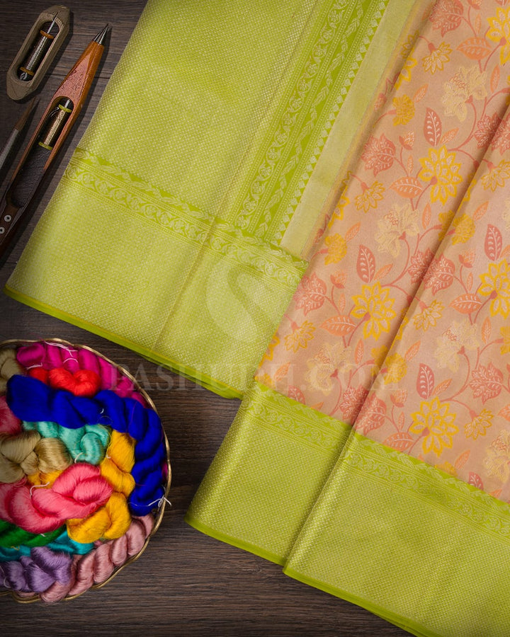 Yellow Shot Beige With Parrot Green Tissue Kanjivaram Silk Saree-D648(A)