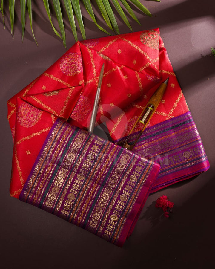 Red And Violet Pure Zari Bridal Kanjivaram Silk Saree-P191(A)