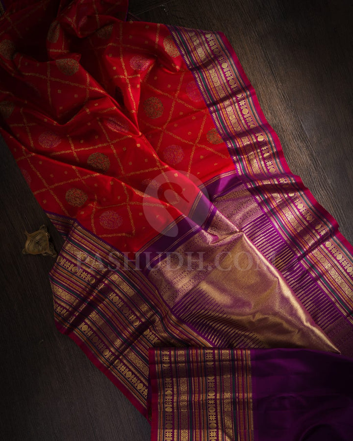 Red And Violet Pure Zari Bridal Kanjivaram Silk Saree-P191(A)