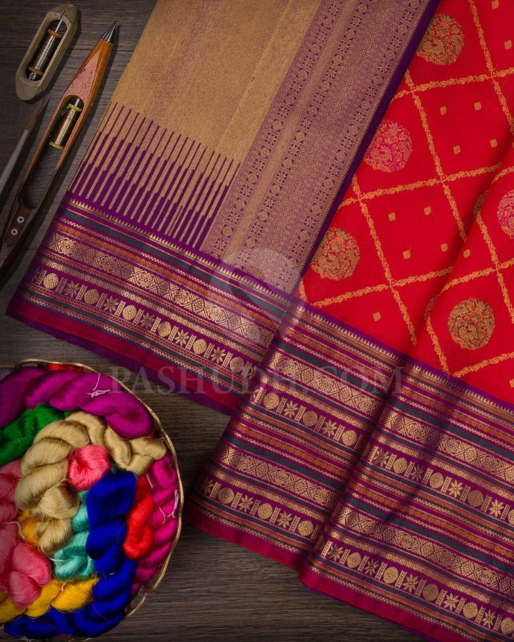 Red And Violet Pure Zari Bridal Kanjivaram Silk Saree-P191(A)