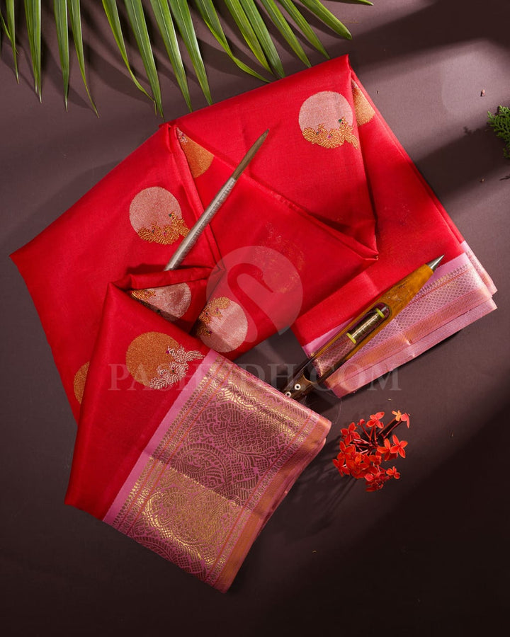 Red And Baby Pink Kora Organza Kanjivaram Silk Saree-S1397(B)