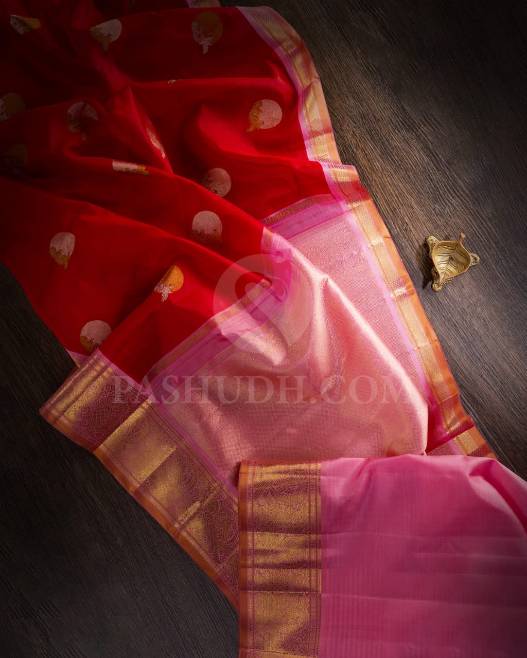Red And Baby Pink Kora Organza Kanjivaram Silk Saree-S1397(B)