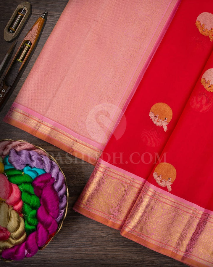 Red And Baby Pink Kora Organza Kanjivaram Silk Saree-S1397(B)