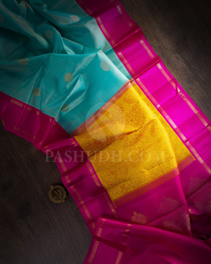 Turquoise Blue And Rani Pink Kanjivaram Silk Saree-S1537(A)