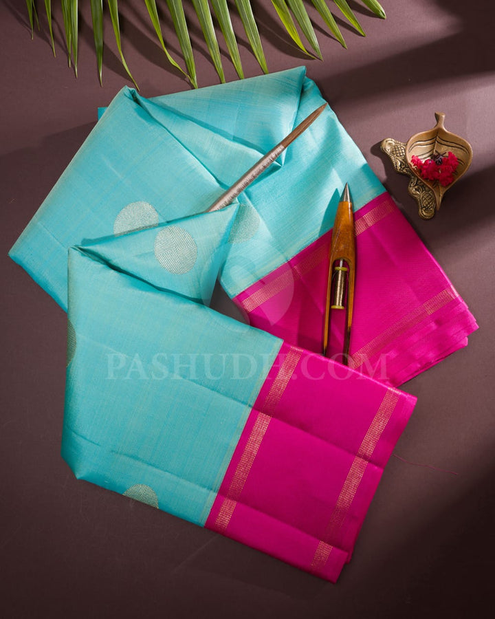 Turquoise Blue And Rani Pink Kanjivaram Silk Saree-S1537(A)