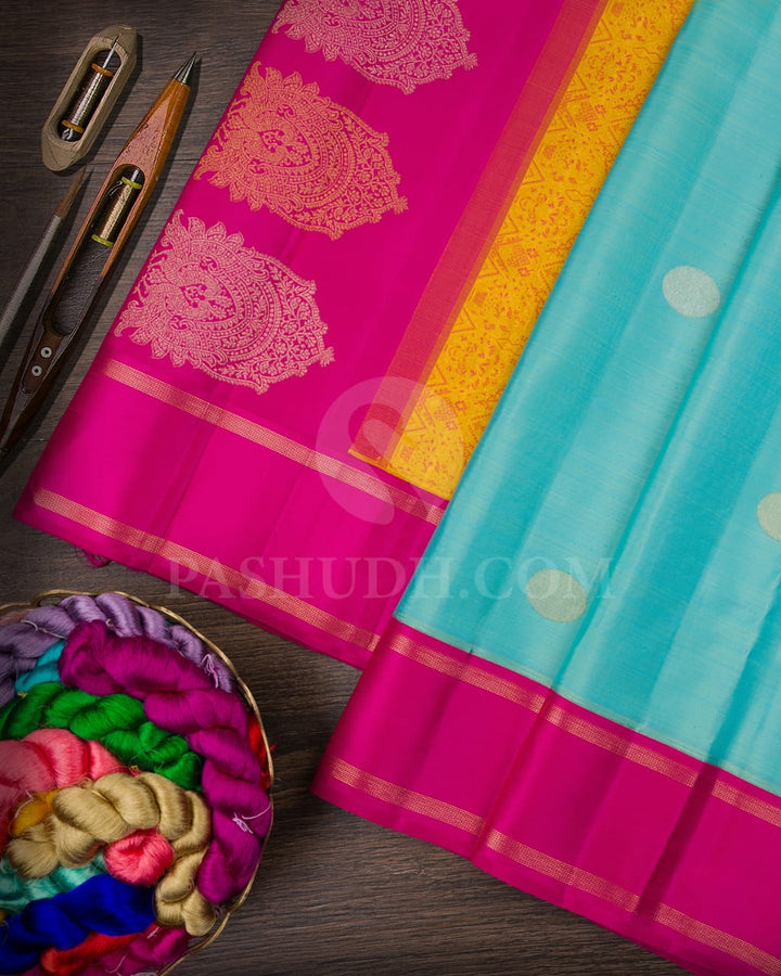 Turquoise Blue And Rani Pink Kanjivaram Silk Saree-S1537(A)