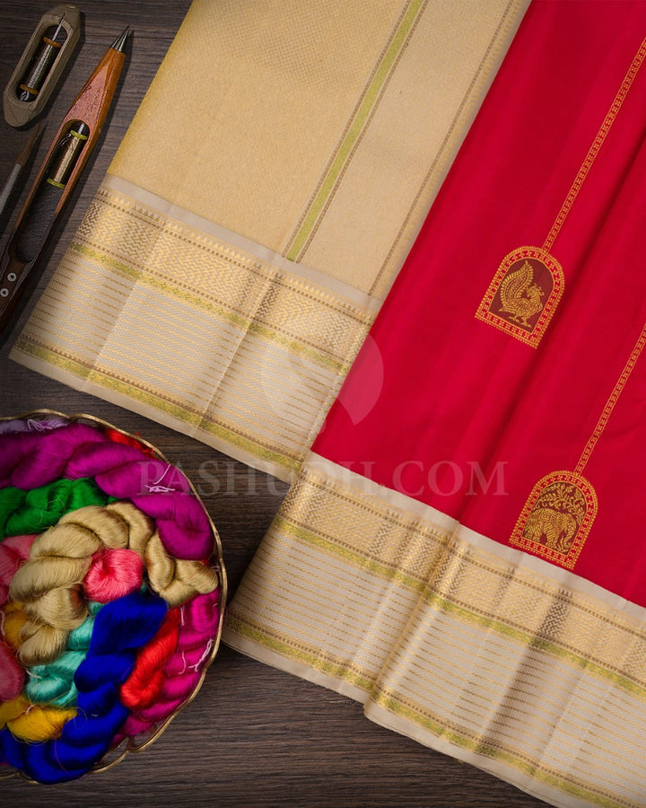 Red And Cream Kanjivaram Silk Saree-S1534(A)