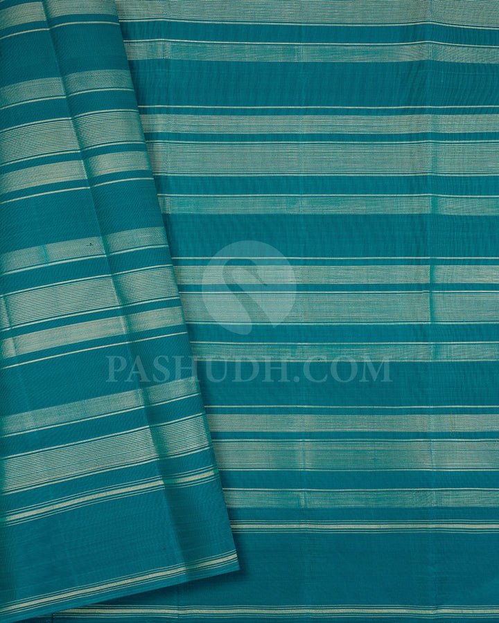Cream, Lace Pink With Sapphire Green Kanjivaram Silk Saree-AK22