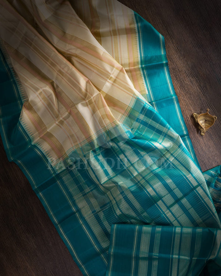 Cream, Lace Pink With Sapphire Green Kanjivaram Silk Saree-AK22