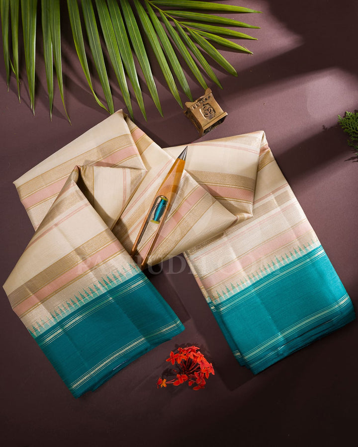 Cream, Lace Pink With Sapphire Green Kanjivaram Silk Saree-AK22