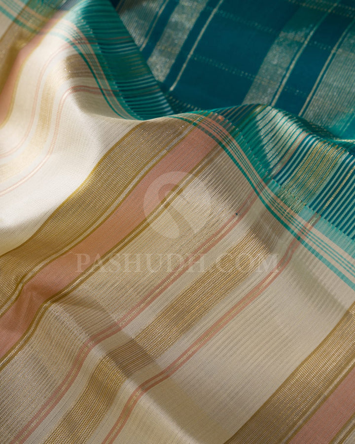 Cream, Lace Pink With Sapphire Green Kanjivaram Silk Saree-AK22