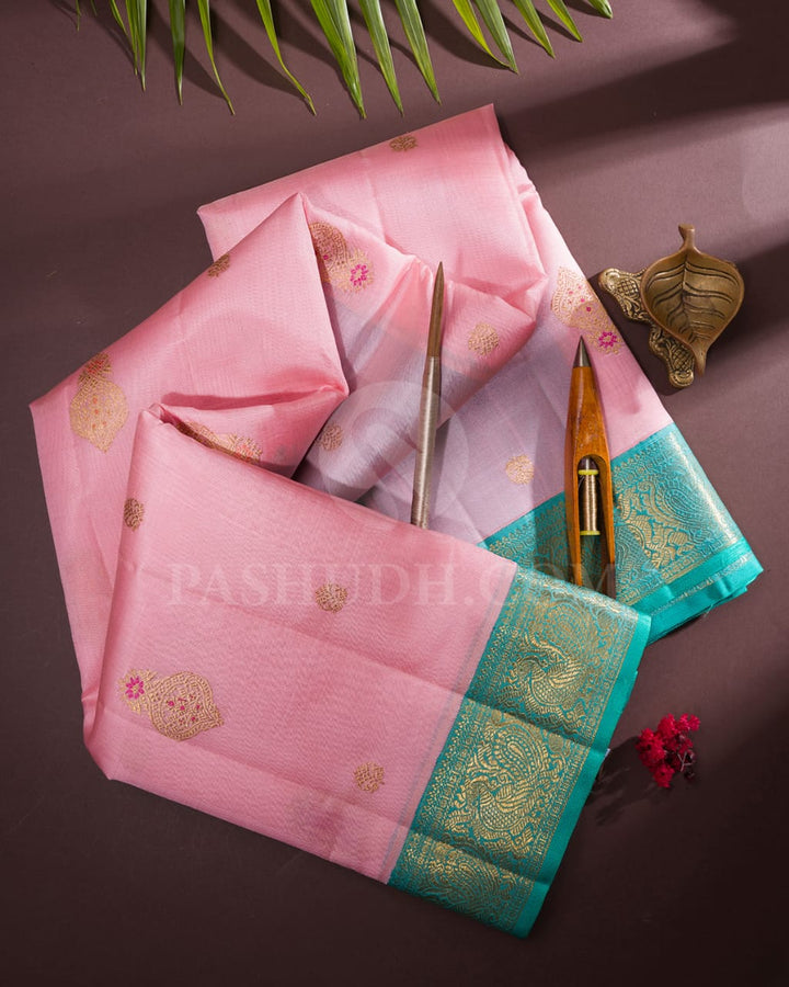 Baby Pink And Turquoise Blue Kanjivaram Silk Saree-S1539(A)
