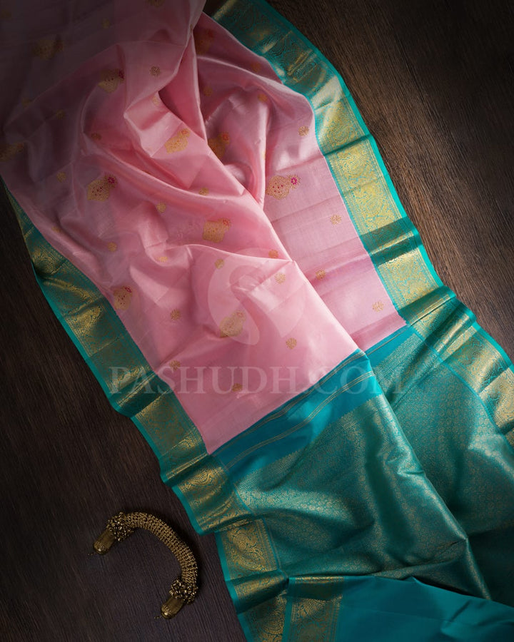 Baby Pink And Turquoise Blue Kanjivaram Silk Saree-S1539(A)