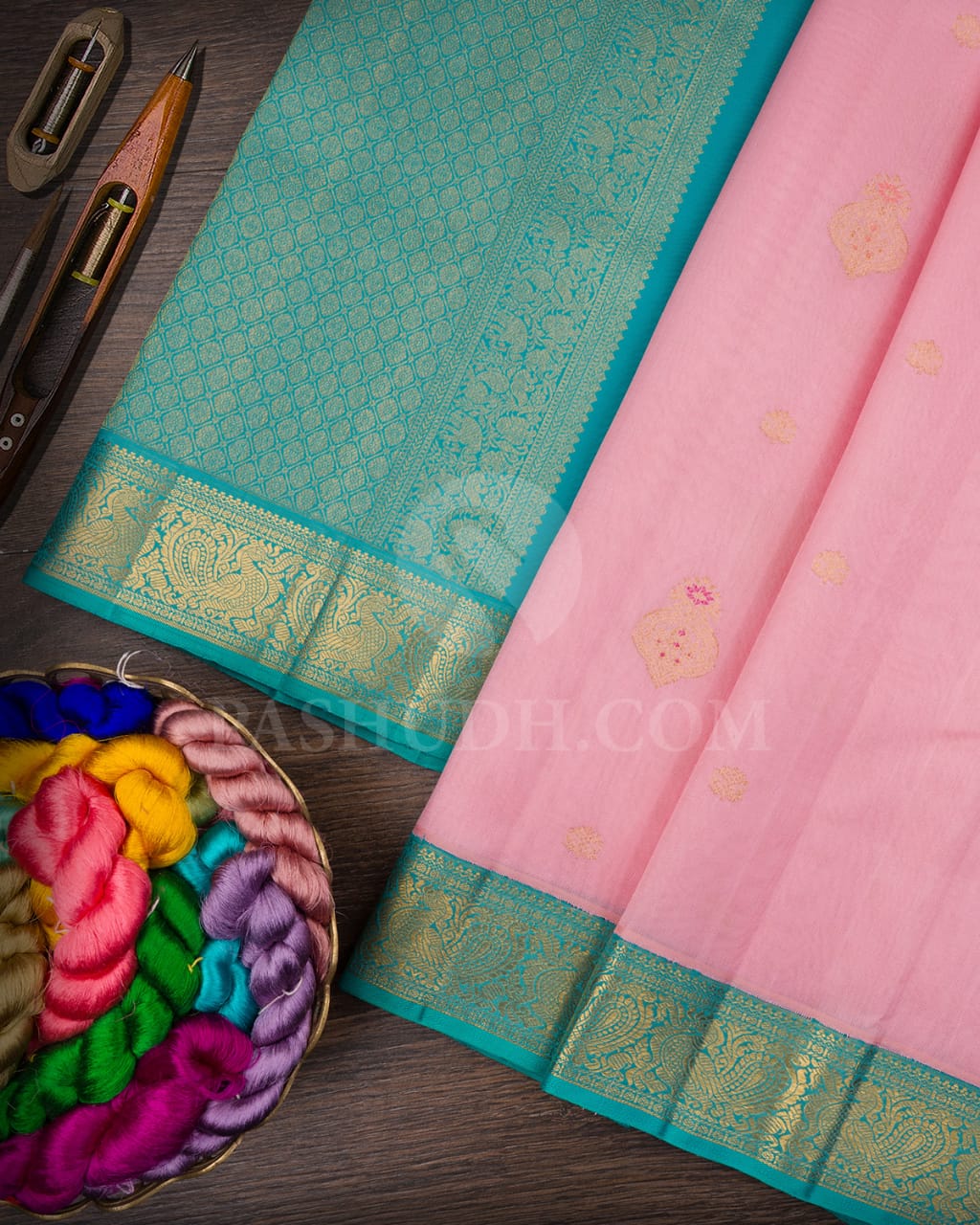 Baby Pink And Turquoise Blue Kanjivaram Silk Saree-S1539(A)