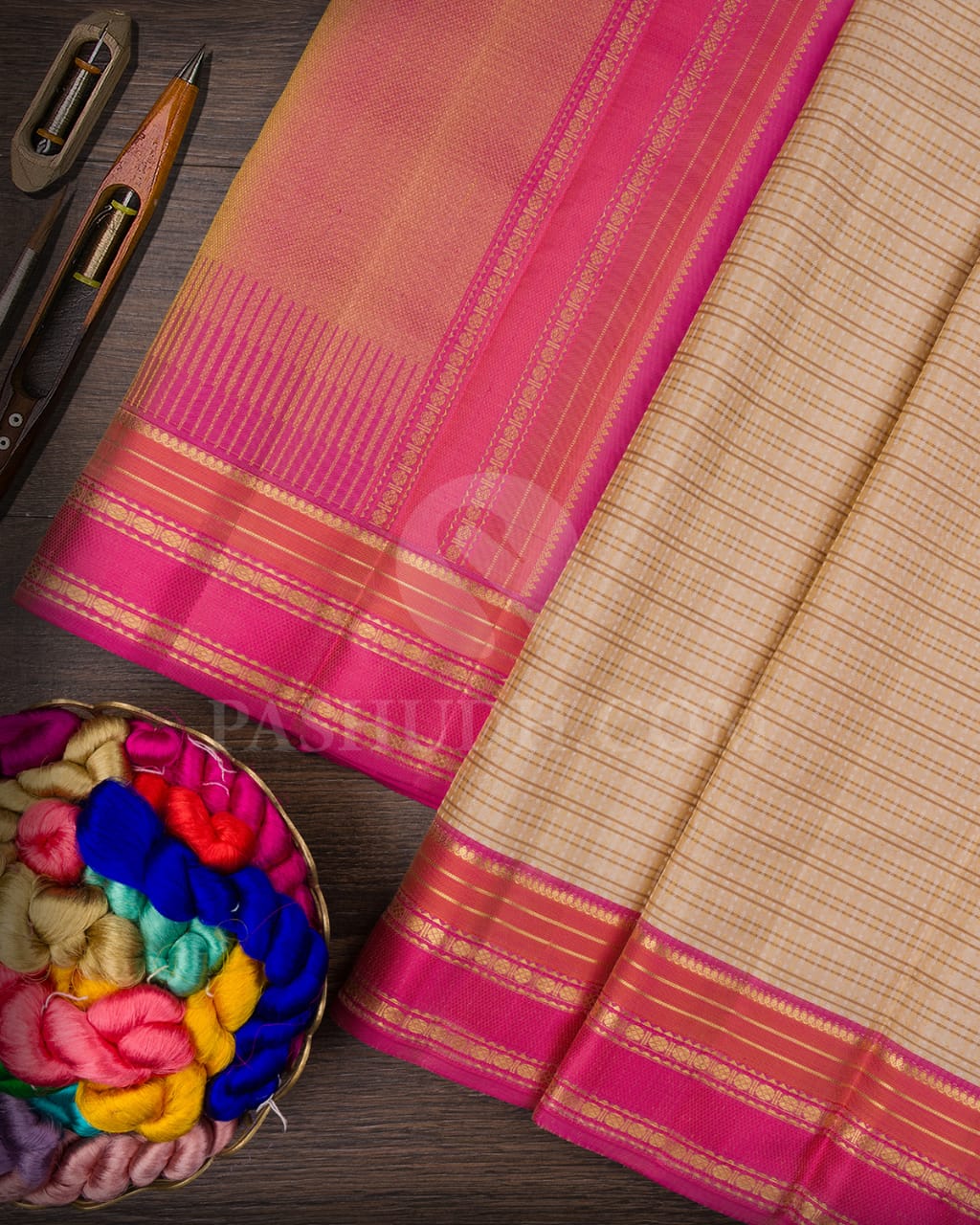 Beige And Pink Kanjivaram Silk Saree-DJ381(B)