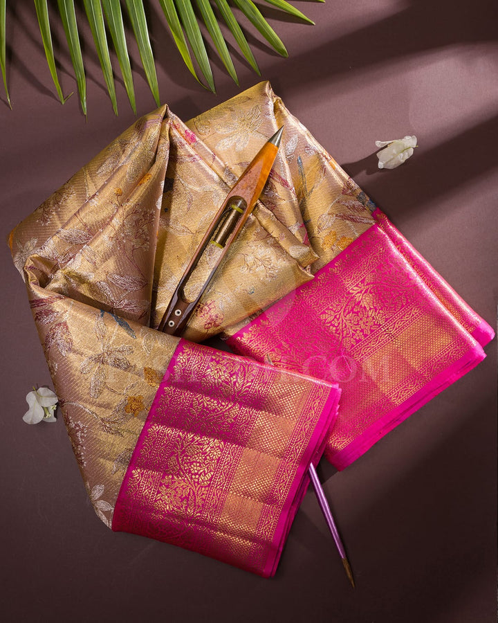 Gold Silver Tissue Shimmer Kanjivaram Silk Saree With Rani Pink Border-S1523(A)