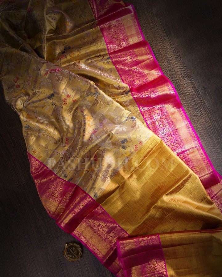 Gold Silver Tissue Shimmer Kanjivaram Silk Saree With Rani Pink Border-S1523(A)
