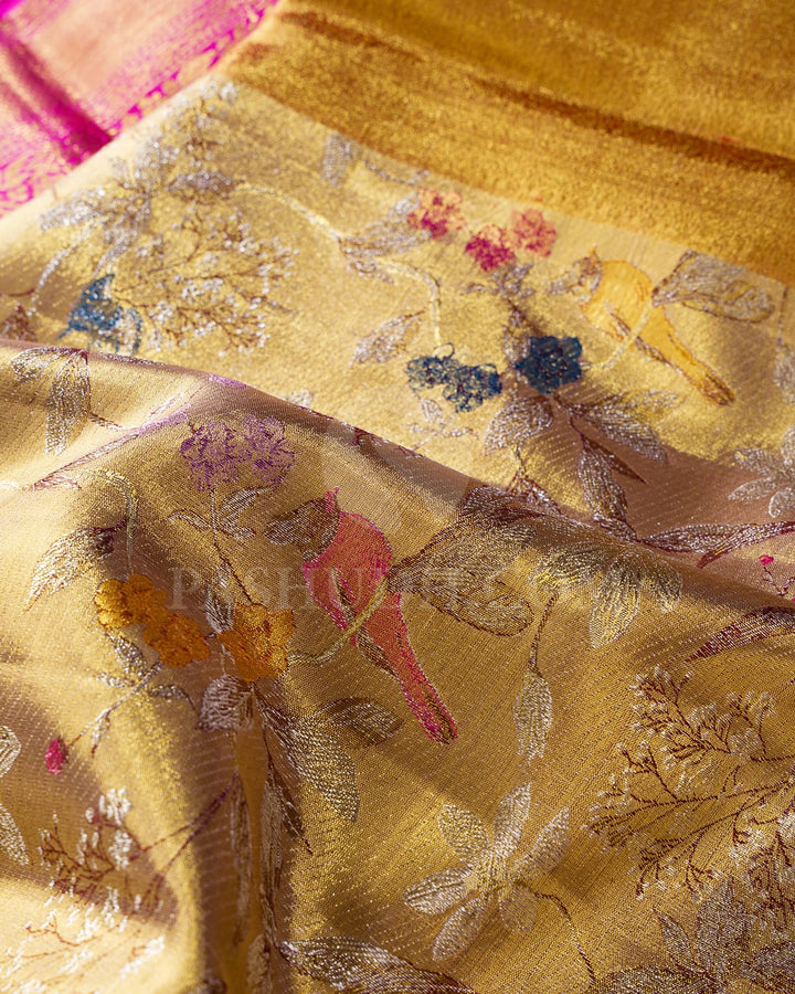 Gold Silver Tissue Shimmer Kanjivaram Silk Saree With Rani Pink Border-S1523(A)