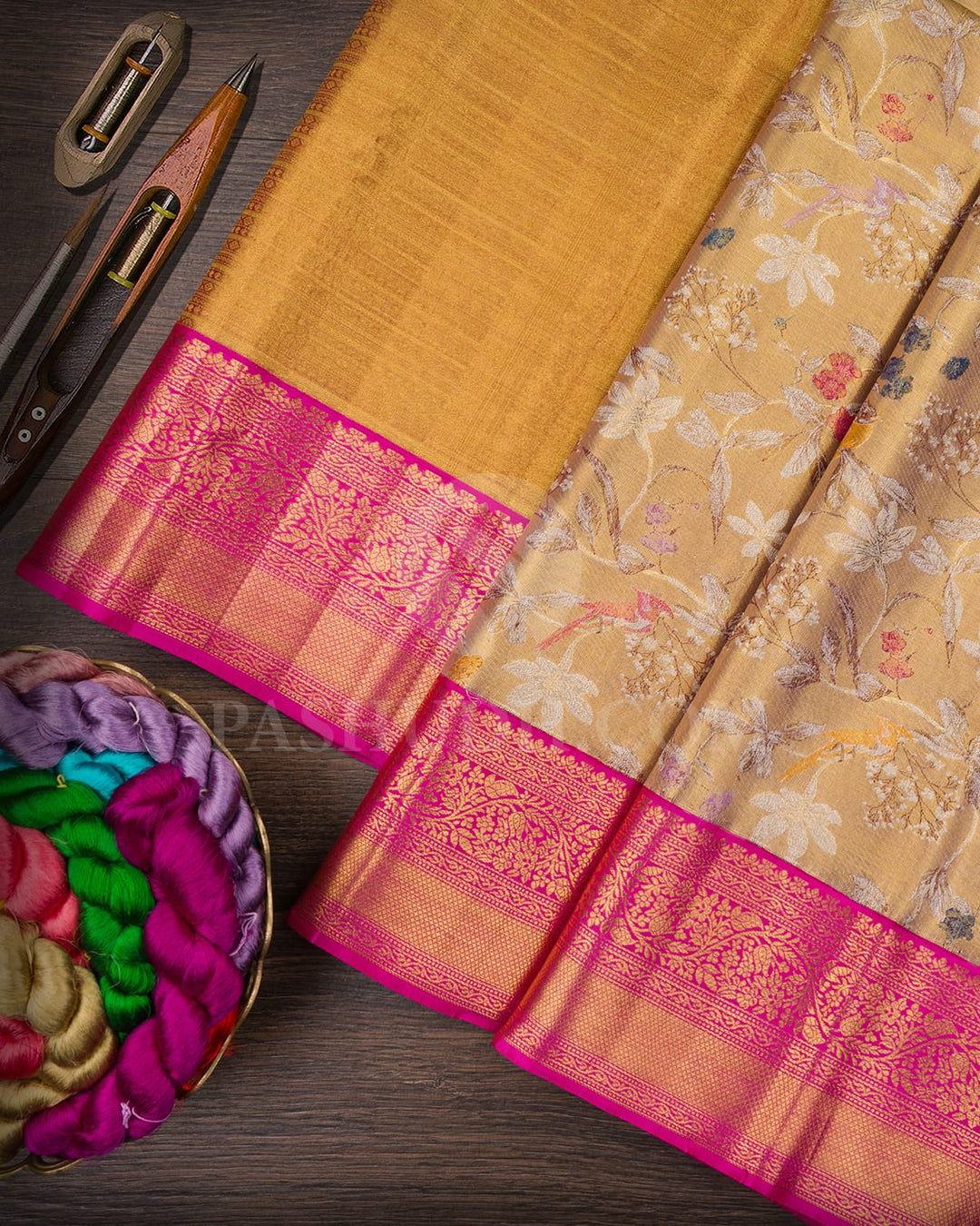 Gold Silver Tissue Shimmer Kanjivaram Silk Saree With Rani Pink Border-S1523(A)